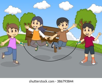 Children playing jumping rope in the park cartoon vector illustration