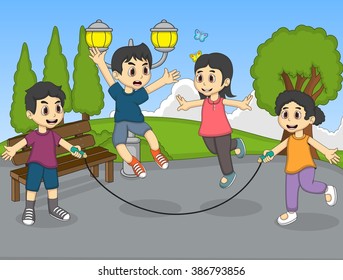 Children playing jumping rope in the park cartoon vector illustration