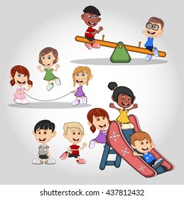 Children playing jumping rope, seesaw and slides cartoon vector illustration