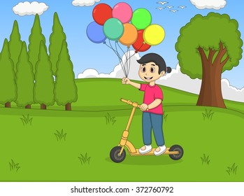 Children playing kick scooter and balloon in the park cartoon vector illustration