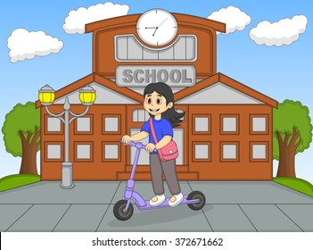 Children playing kick scooter in front of his school cartoon vector illustration