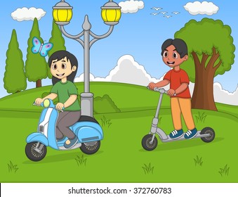 Children playing kick scooter in the park cartoon vector illustration