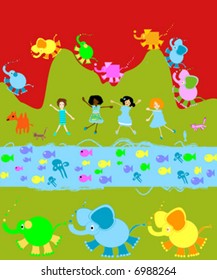 children playing, kids world illustration