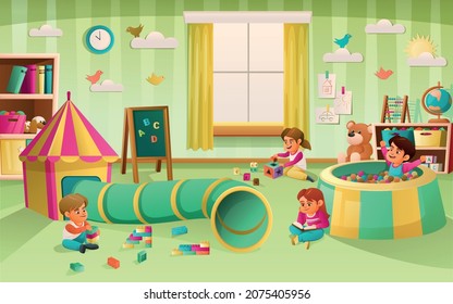 Children playing in kindergarten playground with spiral tube and kiddie pool full of plastic balls cartoon vector illustration