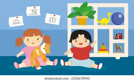 Children playing at kindergarten. Vector illustration in flat style. Boy and girl playing together.