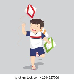 Children are playing kite on the field. Children with kites game and they look happy. Isolated on grey background. Activity illustration