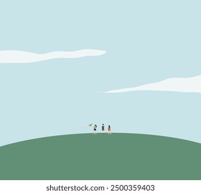 Children playing kite on top of mountain under blue sky. Relax and leisure on summer vacation in nature. Minimal design.