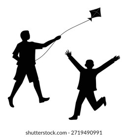 Niños jugando con un Vector de cometas. Silueta de niño jugando, cometa voladora, niño corriendo. Ilustración vectorial del día del niño.