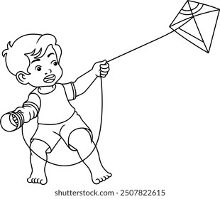 children playing kites  line vector illustration isolated on white background