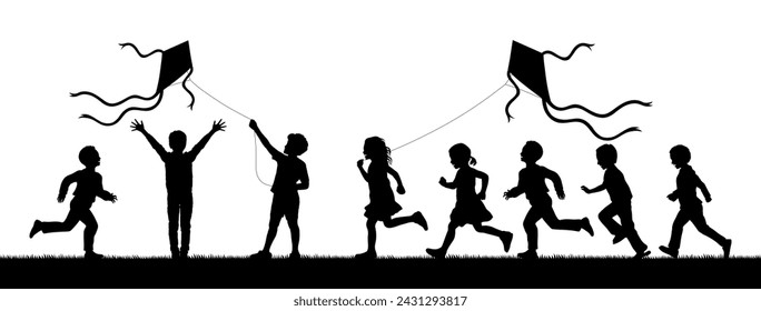 Children playing kites outdoor on grass field vector silhouette set.	