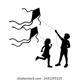 Niños jugando cometas vector siluetas negras.	