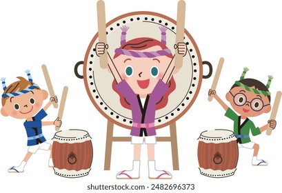 Children playing large and small drums at a festival