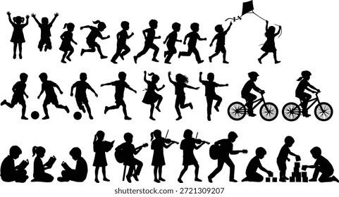 Niños jugando, aprendiendo y creciendo a través de diversas actividades, movimiento, creatividad e interacción en la Ilustración vectorial de siluetas