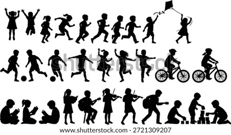 Children playing, learning, and growing through diverse activities, movement, creativity, and interaction in silhouette vector illustration