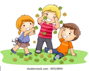 Children playing with Leaves in the Park - Vector