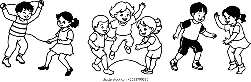 Children Playing Line Art – Happy Kids Outdoor Fun Black and White Illustration