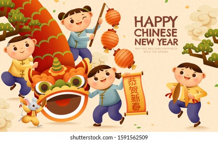 Children playing lion dance and gong for lunar year, Chinese text translation: happy new year