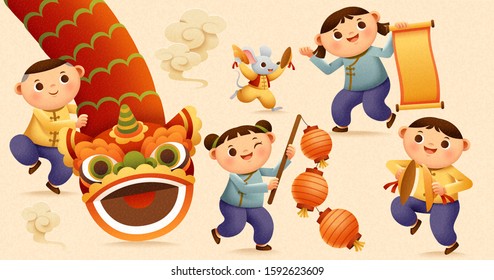 Children playing lion dance and gong for Chinese new year