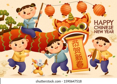 Children playing lion dance lively for lunar year, Chinese text translation: happy new year