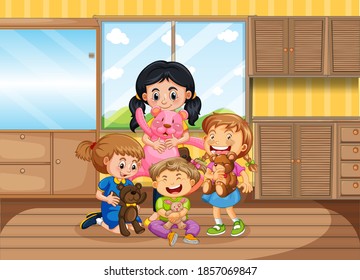 Children playing in living room illustration