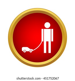 Children playing with machine icon in simple style in red circle. Game symbol