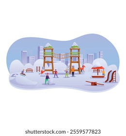 Children playing making snowman winter city park playground having fun outdoors leisure activity