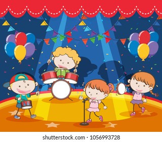 Children playing music in the band on stage illustration