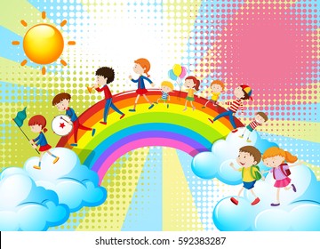 Children playing music in band over the rainbow illustration