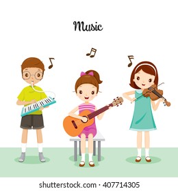 Children Playing Music By Harmonium, Guitar And Violin, Back to school, Stationery, Book, Knowledge, Supplies, Educational Subject