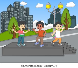 Children playing music cartoon vector illustration