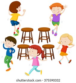 Children playing music chairs illustration