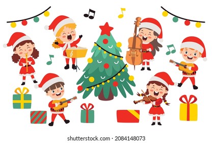 Kinder, die Musik in Weihnachtskostümen spielen