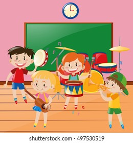 Children Playing Music In Classroom Illustration