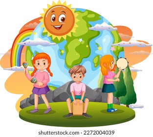 Children playing music with earth globe illustration