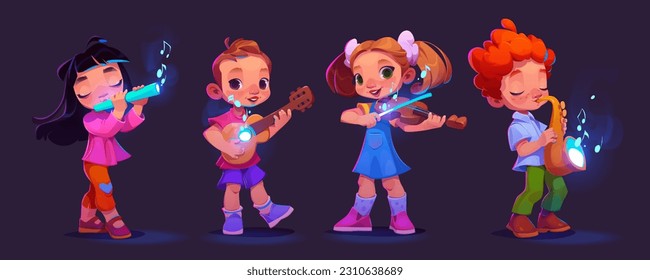 Kinder, die Musikinstrumente einzeln auf schwarzem Hintergrund spielen. Vektorgrafik von Mädchen und Jungen mit Flöte, Violine, Gitarre, Saxophon beim Schulkonzert, Neonnoten in der Luft