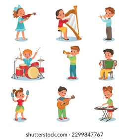 Children playing music instruments. Little musicians. Boys and girls with violin. Musical performance. Harp or accordion players. Orchestra concert. Drums and guitar