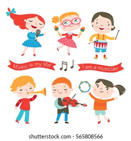 Children Playing Music Instruments. Little Musicians.Vector Collection Isolated On A White Background.
