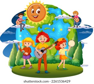 Children playing music on earth globe illustration