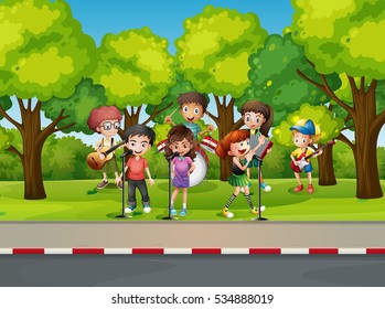Children playing music on the street illustration