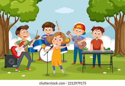 Children playing music in the park illustration