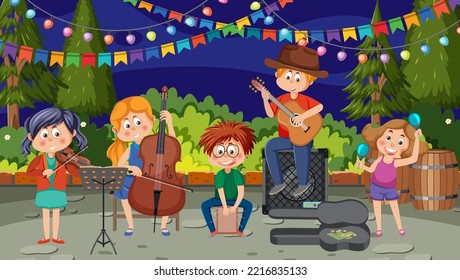 Children playing music in the park illustration