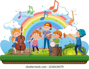 Children playing music at park illustration