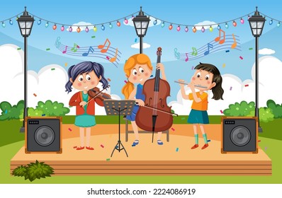 Niños tocando música en la ilustración del parque