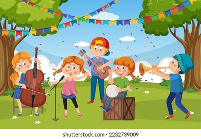 Children playing music in the park illustration