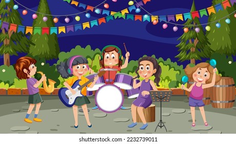 Children playing music in the park illustration