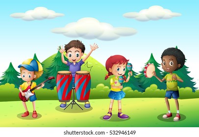 Children playing music in the park illustration