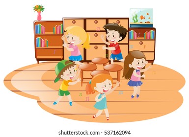 Children Playing Musical Chairs In Classroom Illustration