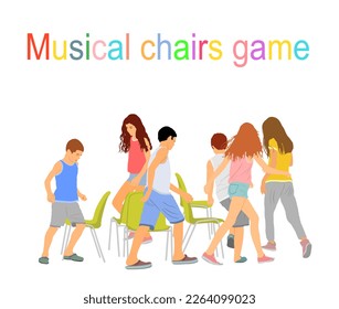 Children playing musical chairs game vector illustration isolated on white background. Happy birthday animation. Kids run around playing musical chairs game. Fun activity teenager. Tricky competition.