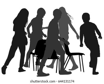 Children Playing Musical Chairs Game, Vector Silhouette Illustration Isolated On White Background. Happy Birthday Animation. Kids Run Around Playing Musical Chairs Game. Fun Activity Teenager. 