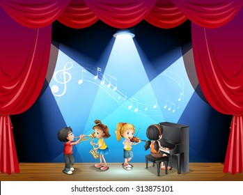 Children Playing Musical Instrument On Stage Stock Vector (Royalty Free ...